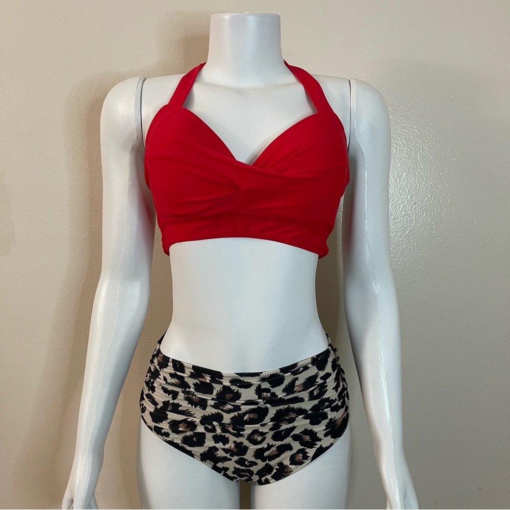 Red swimwear top leopard print bikini bottom two piece set